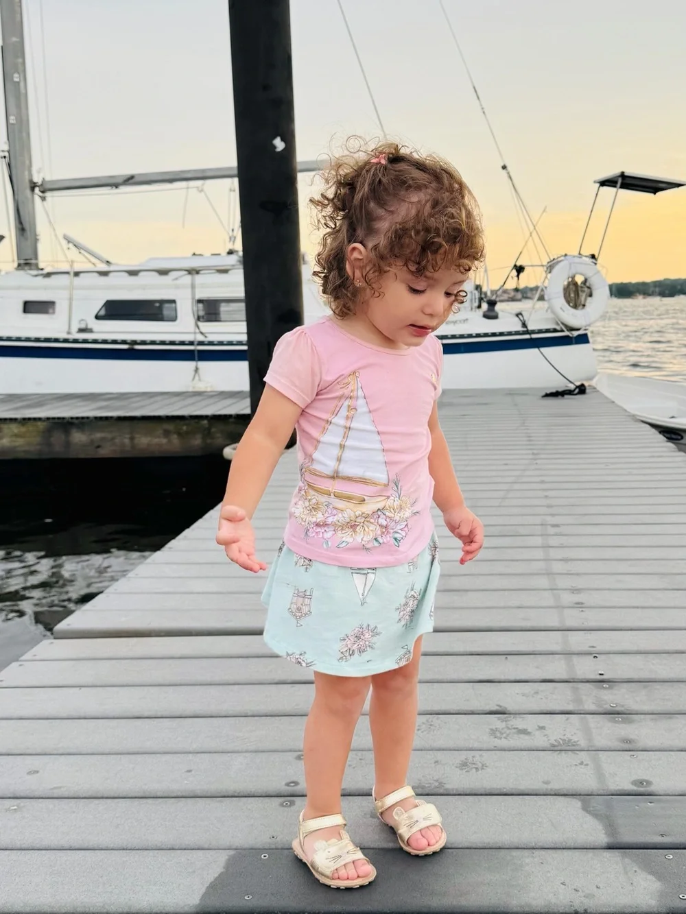 Girls' Pink Sailboat Tee & Light Blue Floral Sail Skirt Matching Set